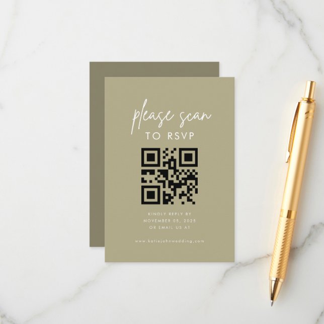 Modern Minimalist Sage Green Please Scan RSVP Enclosure Card (Front/Back In Situ)