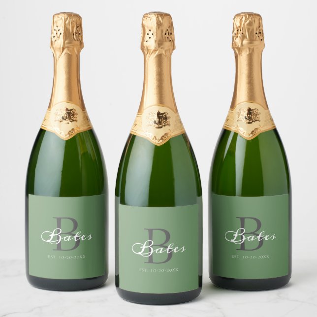 Modern Minimalist Sage Green Script Monogrammed Sparkling Wine Label (Bottles)
