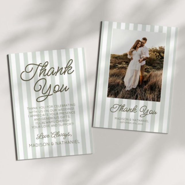 Modern Minimalist Sage Green Stripes Wedding Thank You Card (Creator Uploaded)