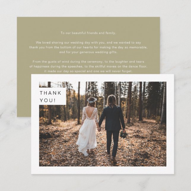 Modern Minimalist Sage Green Wedding Photo Thank You Card (Front/Back)
