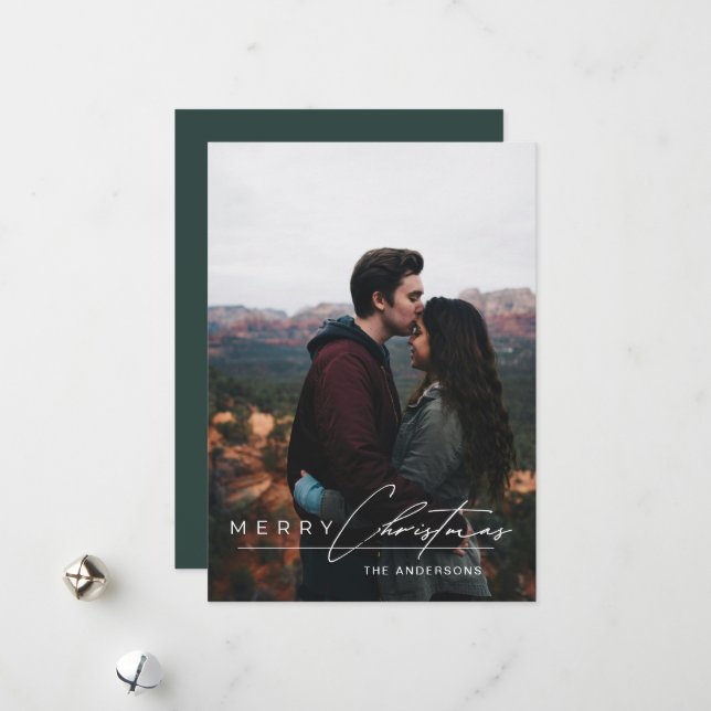 Modern Minimalist Script 1 Photo Green Christmas Holiday Card (Front/Back In Situ)