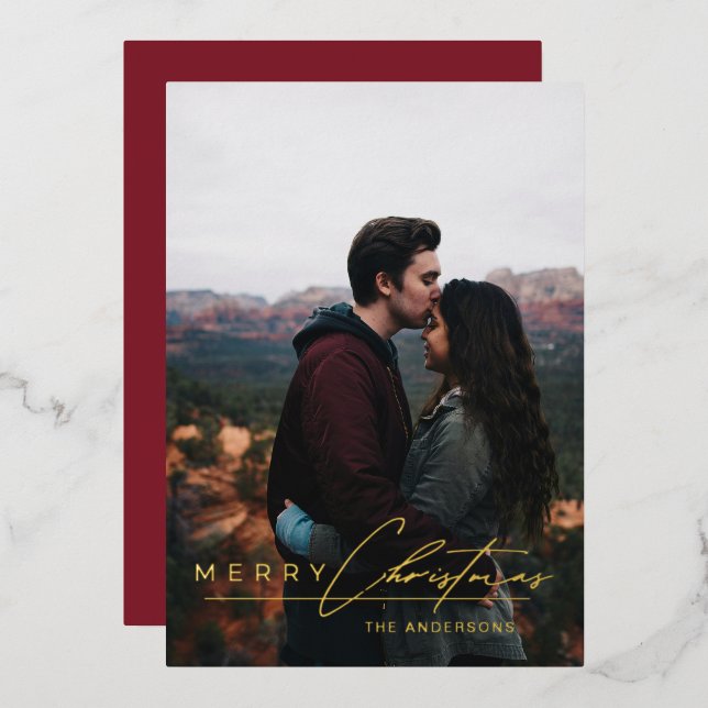 Modern Minimalist Script 1 Photo Red Christmas Foil Holiday Card (Front/Back)