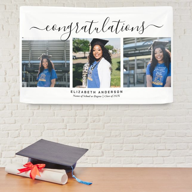Modern Minimalist Script 3 Photo Graduation Party Banner (Creator Uploaded)