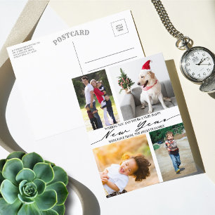 Modern Minimalist Script 4 Photo Collage New Year Holiday Postcard