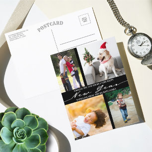 Modern Minimalist Script 4 Photo Collage New Year Holiday Postcard