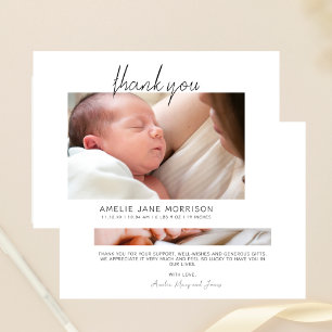 Modern Minimalist Script Baby Photos Birth Thank You Card