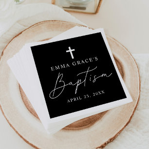 Modern Minimalist Script Black and White Baptism Napkin