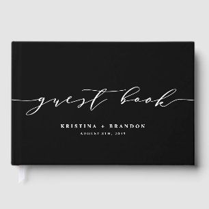 Modern Minimalist Script Black and White Wedding Guest Book