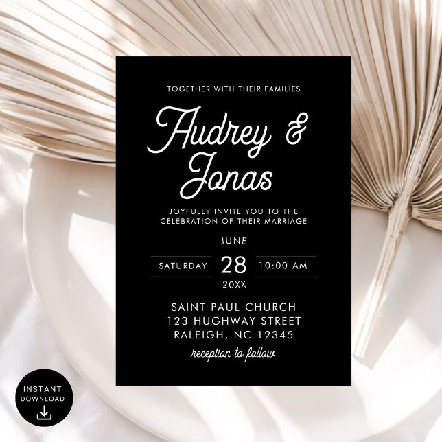 Modern Minimalist Script Black and White Wedding Invitation (Creator Uploaded)