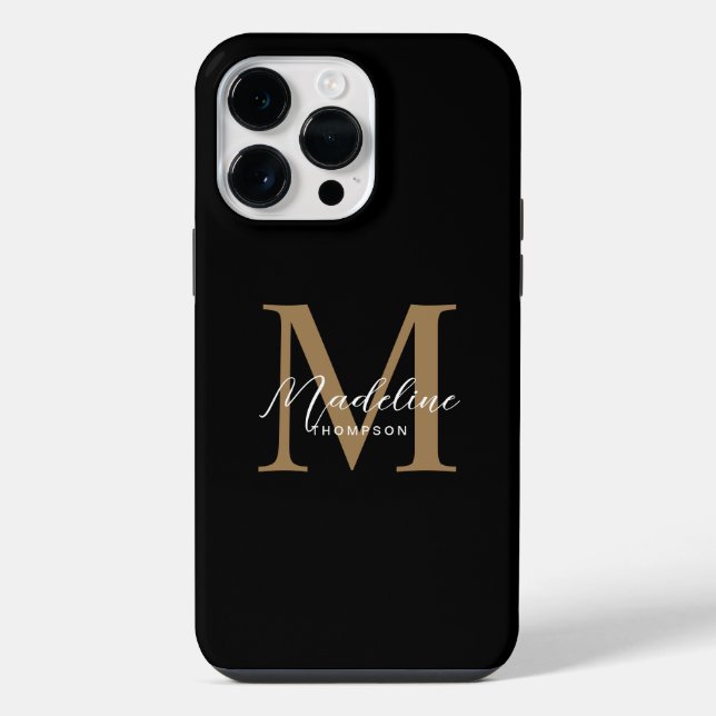 Modern Minimalist Script Black Gold Monogram iPhone Case (Back)