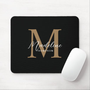 Modern Minimalist Script Black Gold Monogram Mouse Mat