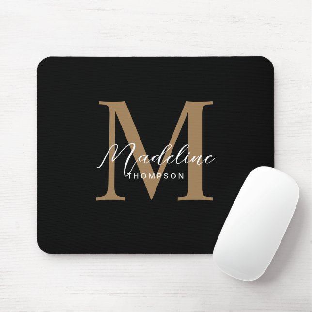 Modern Minimalist Script Black Gold Monogram Mouse Mat (With Mouse)