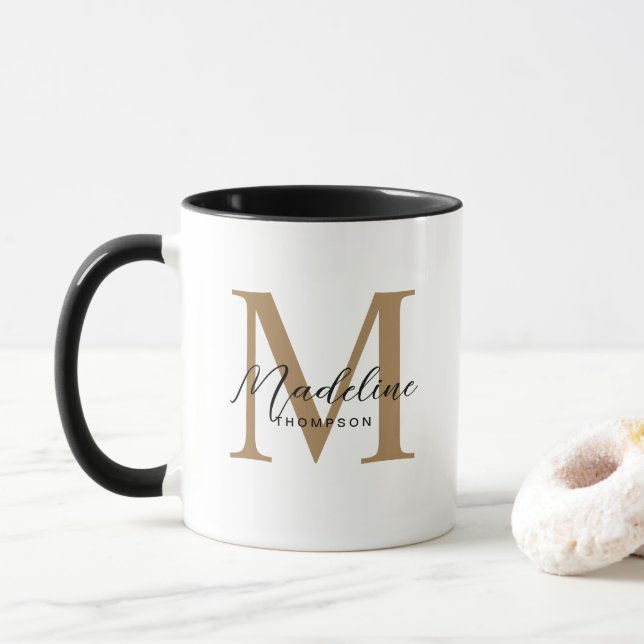 Modern Minimalist Script Black Gold Monogram Mug (With Donut)
