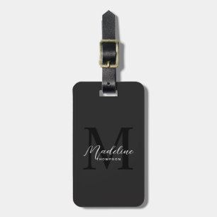 Modern Minimalist Script Black Monogram Luggage Tag