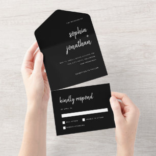Modern Minimalist Script Black   Wedding All In One Invitation
