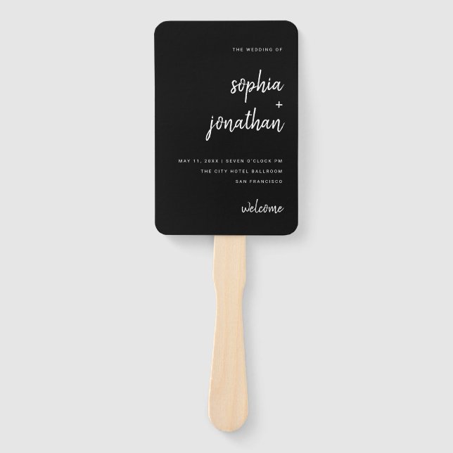 Modern Minimalist Script Black | Wedding Hand Fan (Front)