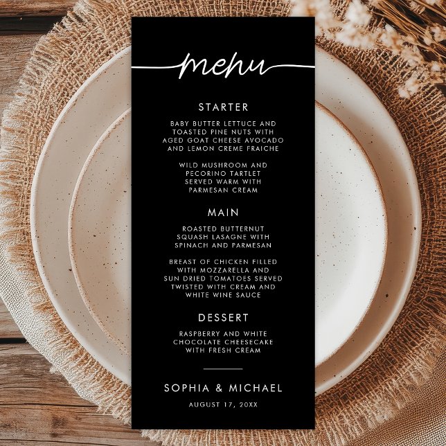 Modern Minimalist Script Black Wedding Menu (Creator Uploaded)