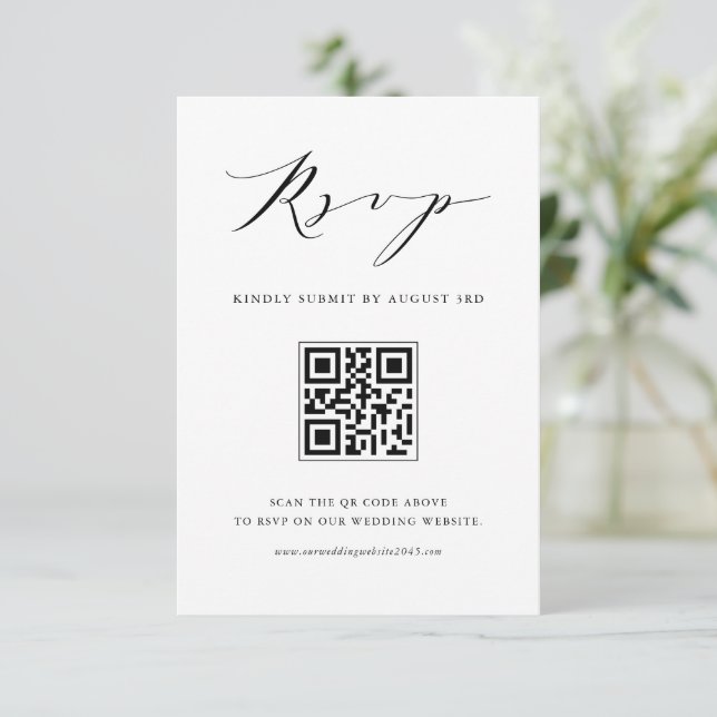 Modern Minimalist Script Black Wedding QR Code RSVP Card (Standing Front)