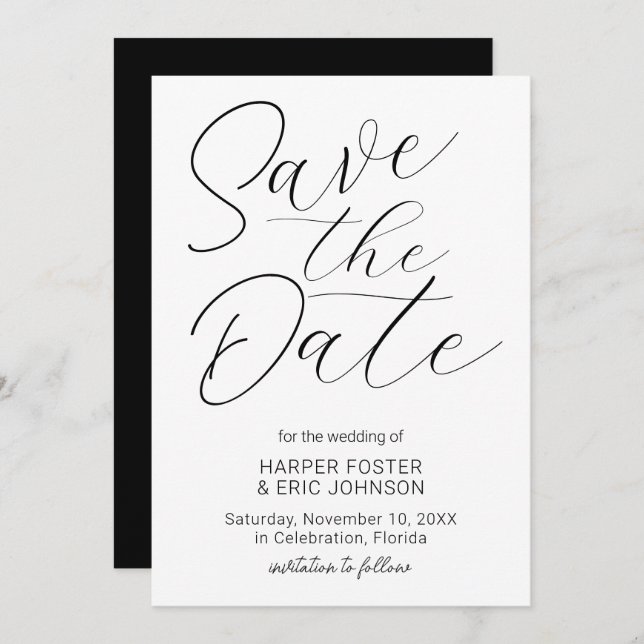 Modern Minimalist Script Black White Save the Date Announcement (Front/Back)