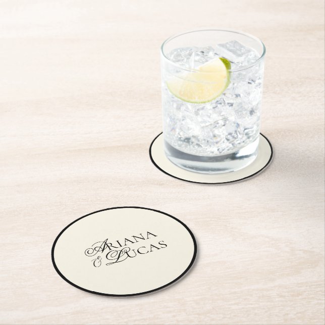 Modern Minimalist Script Black & White Wedding Round Paper Coaster (Insitu)