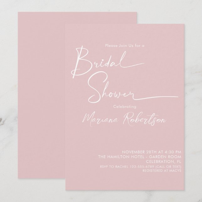 Modern Minimalist Script Blush Pink Bridal Shower Invitation (Front/Back)