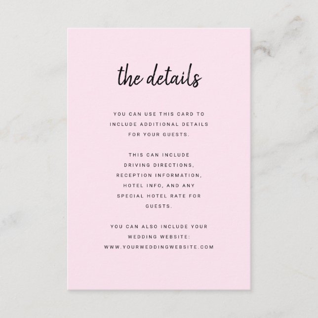 Modern Minimalist Script Blush | Wedding Details Enclosure Card (Front)