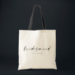 Modern Minimalist Script Bridesmaid Tote Bag<br><div class="desc">This simple tote bag is such a fun gift for your favourite girls! The minimal yet elegant design is perfect for the modern bride. Featuring a handwritten signature script with a simple sans-serif font. Personalise each bag with your bridesmaid's name by clicking "Details" next to "Personalise this template, " and...</div>