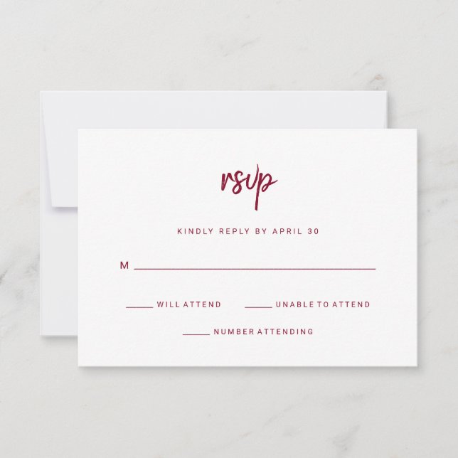 Modern Minimalist Script Burgundy on White RSVP Card (Front)
