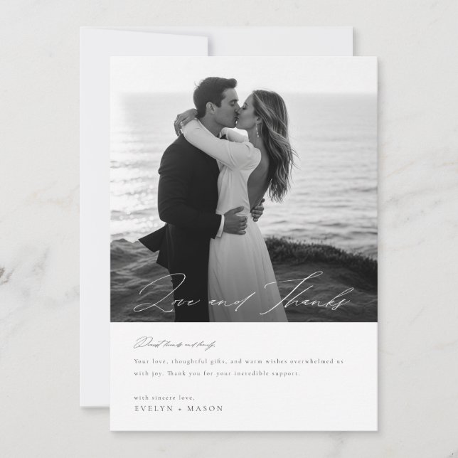 Modern Minimalist Script Calligraphy Photo Wedding Thank You Card (Front)