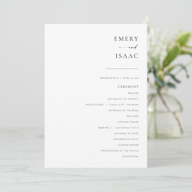 Modern Minimalist Script Chic Wedding Program (Standing Front)