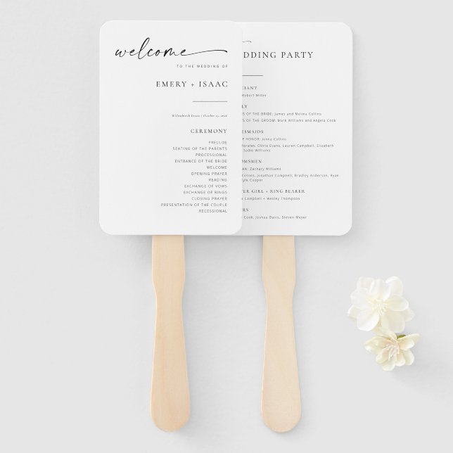 Modern Minimalist Script Chic Wedding Program Fans (Front and Back)