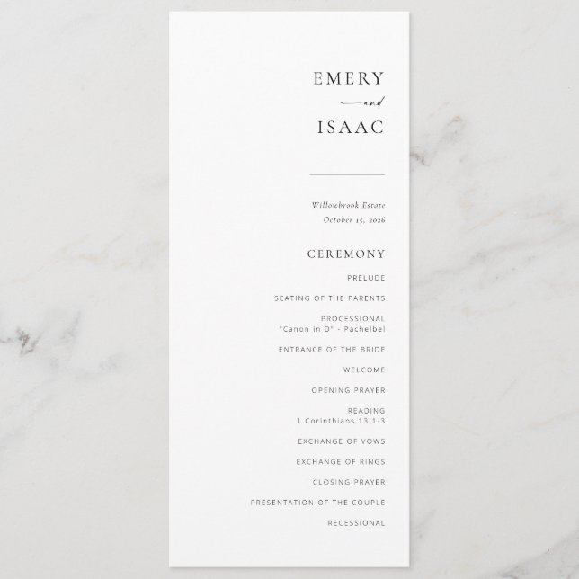 Modern Minimalist Script Chic Wedding Program Menu (Front)