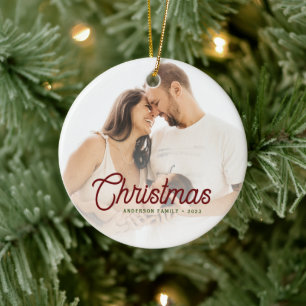 Modern Minimalist Script Christmas Family Photo Ceramic Tree Decoration