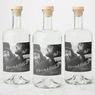 Modern Minimalist Script Custom Photo Wedding  Liquor Bottle Label