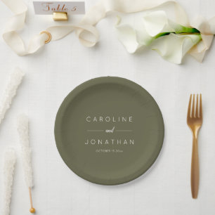 Modern Minimalist Script Custom Wedding Olive Moss Paper Plate