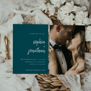 Modern Minimalist Script Deep Teal   Photo Back Save The Date