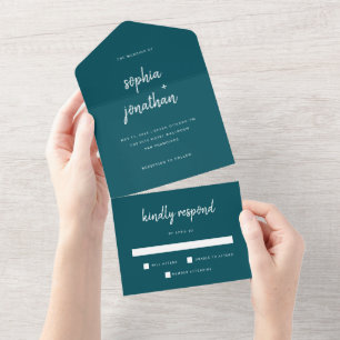 Modern Minimalist Script Deep Teal   Wedding All In One Invitation