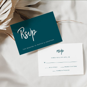 Modern Minimalist Script Deep Teal   Wedding RSVP Card