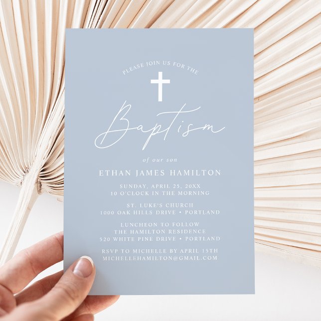 Modern Minimalist Script Dusty Blue Baptism Invitation (Creator Uploaded)