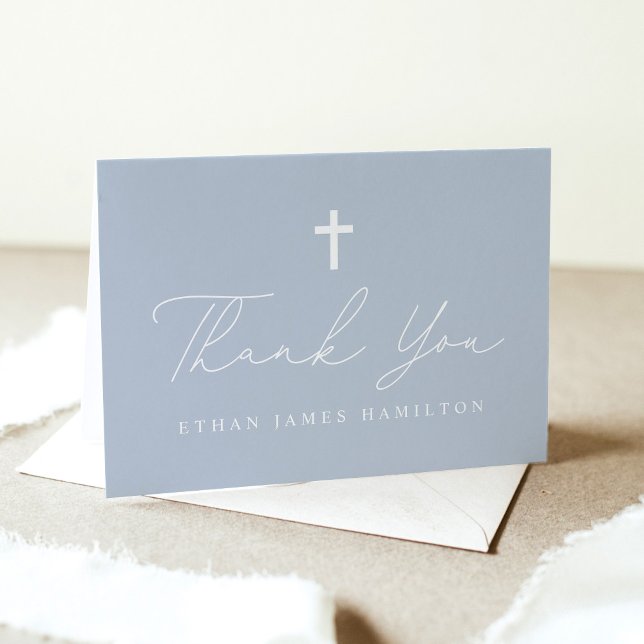 Modern Minimalist Script Dusty Blue Photo Baptism Thank You Card (Creator Uploaded)