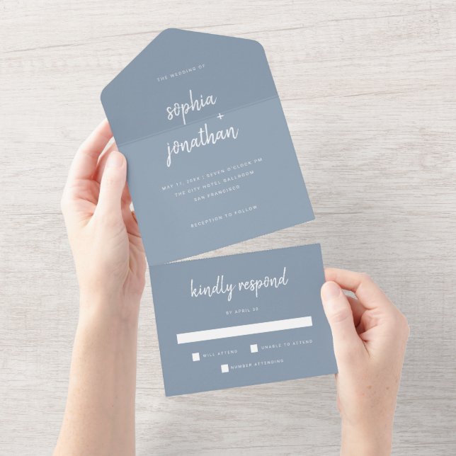 Modern Minimalist Script Dusty Blue | Wedding All In One Invitation (Tearaway)