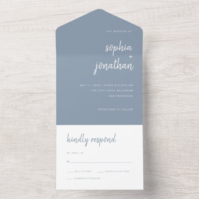 Modern Minimalist Script | Dusty Blue Wedding All In One Invitation (Inside)