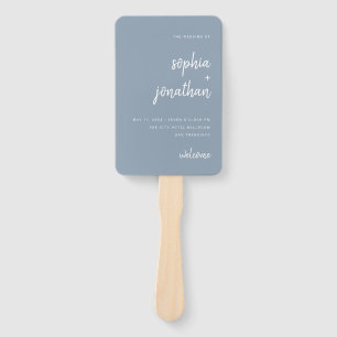 Modern Minimalist Script Dusty Blue Wedding Hand Fan