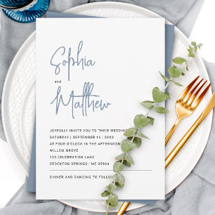 Modern Minimalist Script Dusty Blue   Wedding Invitation