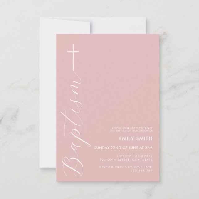Modern Minimalist Script Dusty Rose Baptism Invitation (Front)