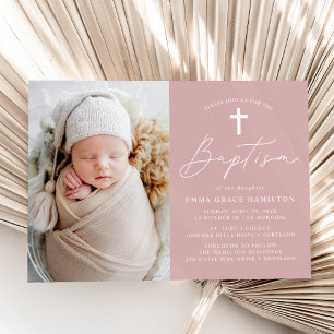 Modern Minimalist Script Dusty Rose Photo Baptism Invitation