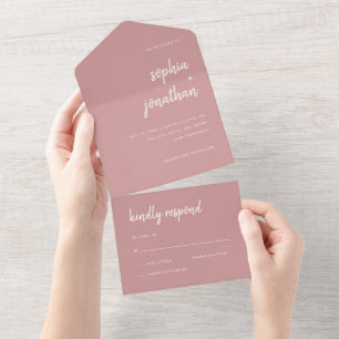 Modern Minimalist Script Dusty Rose Wedding All In One Invitation
