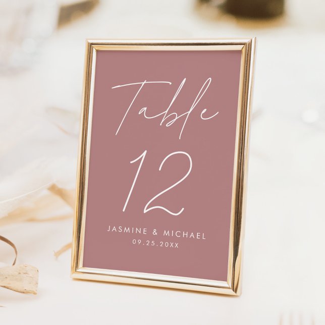 Modern Minimalist Script Dusty Rose Wedding Table Number (Creator Uploaded)
