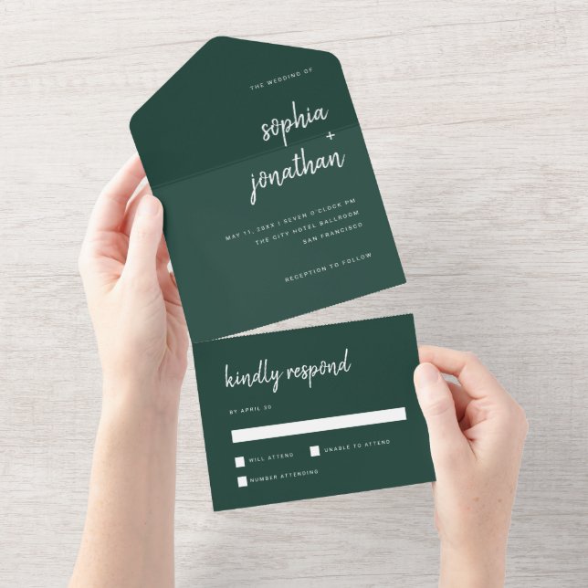 Modern Minimalist Script Emerald Green | Wedding All In One Invitation (Tearaway)