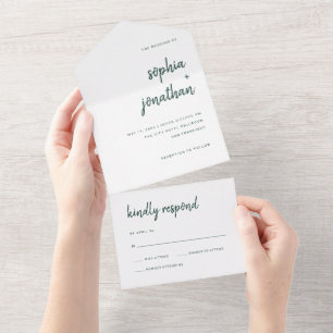 Modern Minimalist Script   Emerald Green Wedding All In One Invitation
